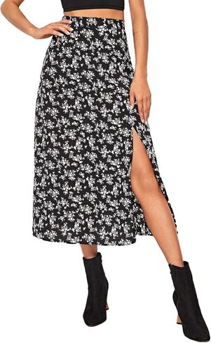 Floerns Women's Boho Floral High Waist Split A Line Midi Skirt Burgundy Large in Kuwait