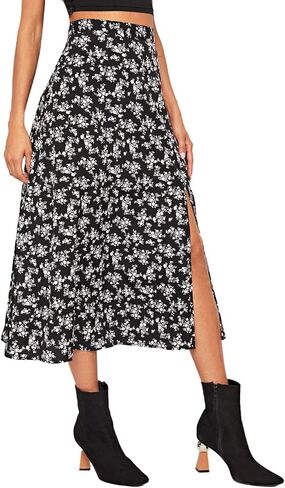 Floerns Women's Boho Floral High Waist Split A Line Midi Skirt Burgundy Large in Kuwait