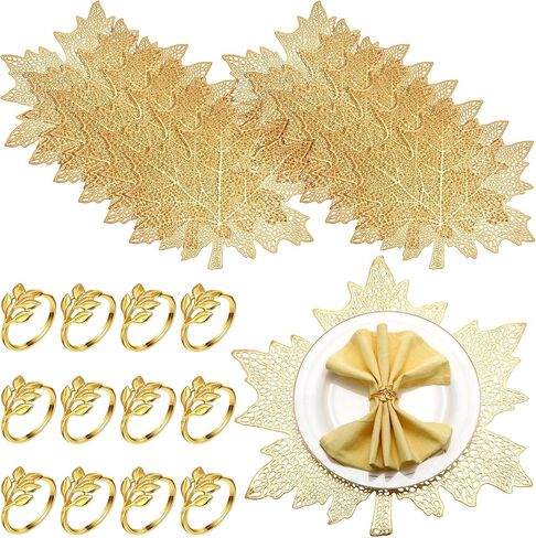 Mifoci 12 Sets Gold Leaf Placemats and Leaf Napkin Rings Round Gold Napkin Rings Hollow Out Fall Placemats for Dinner Table Holiday Thanksgiving Wedding Party Fiesta Accent in Saudi Arabia