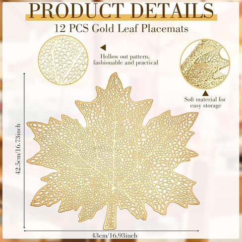 Mifoci 12 Sets Gold Leaf Placemats and Leaf Napkin Rings Round Gold Napkin Rings Hollow Out Fall Placemats for Dinner Table Holiday Thanksgiving Wedding Party Fiesta Accent in Saudi Arabia