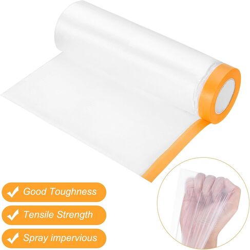 uxcell 3 Rolls Painters Plastic with Tape, 21.7in x5.9Ft Pre-Taped Masking Film Tape and Plastic Film Paint Plastic Covering Roll for Covering Skirting, Frames and Auto Body, Yellow/Clear in Saudi Arabia