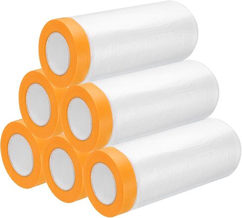 uxcell 3 Rolls Painters Plastic with Tape, 21.7in x5.9Ft Pre-Taped Masking Film Tape and Plastic Film Paint Plastic Covering Roll for Covering Skirting, Frames and Auto Body, Yellow/Clear in Saudi Arabia