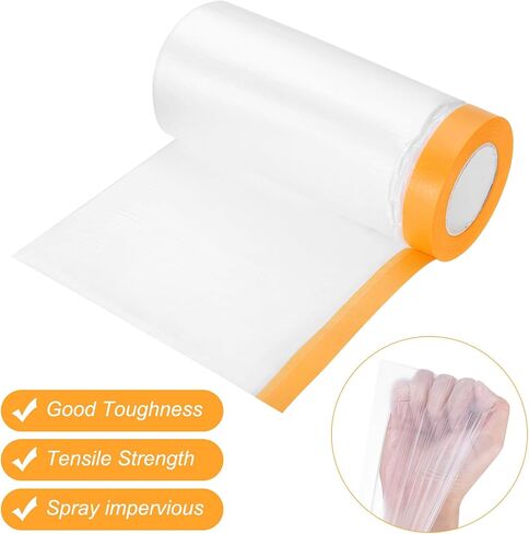 uxcell 3 Rolls Painters Plastic with Tape, 21.7in x5.9Ft Pre-Taped Masking Film Tape and Plastic Film Paint Plastic Covering Roll for Covering Skirting, Frames and Auto Body, Yellow/Clear in Saudi Arabia