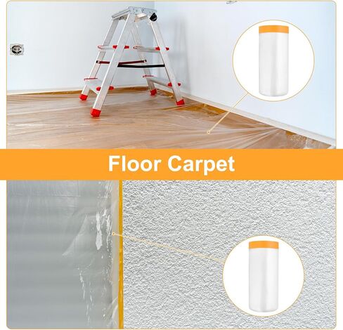 uxcell 3 Rolls Painters Plastic with Tape, 21.7in x5.9Ft Pre-Taped Masking Film Tape and Plastic Film Paint Plastic Covering Roll for Covering Skirting, Frames and Auto Body, Yellow/Clear in Saudi Arabia