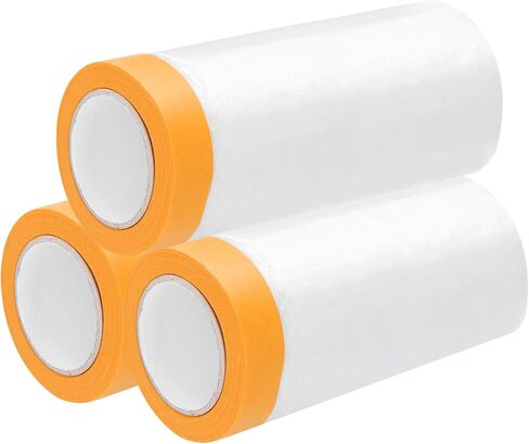 uxcell 3 Rolls Painters Plastic with Tape, 21.7in x5.9Ft Pre-Taped Masking Film Tape and Plastic Film Paint Plastic Covering Roll for Covering Skirting, Frames and Auto Body, Yellow/Clear in Saudi Arabia