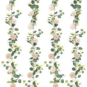 Flower Garland Silk Roses 4 Pcs 27Ft Eucalyptus Floral Garland Greenery Artificial Garland for Wedding Table Indoor Outdoor Party Backdrop Mantel Wall Arch Door Decor (Pink)