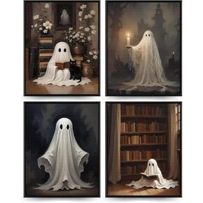 PLKMN Ghost Decor, Pink Hallowmas Wall Art Prints Set of 4, Vintage Halloween Posters Decor, Cute Ghost Decor, Aesthetic Halloween Pictures Wall Decor for Bedroom 8x10 (Unframed)