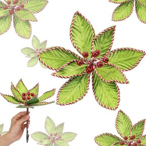 6 Pcs Red Green Christmas Flower 9.8 x 12 Inch Artificial Poinsettias Flowers Glitter Artificial Flowers Picks Christmas Tree Ornaments Xmas New Year Tree Wreath Garland Wedding Party Decor