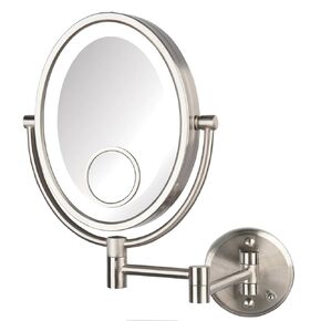 JERDON Wall-Mounted Makeup Mirror with Light-10X Magnification & Wall-Mount Arm - Oval Mirror with Nickel Finish - Direct Wire - Model HL9515NLD