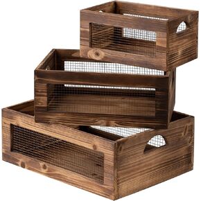 Farmhouse Wood Crate Box Set of 3, Distressed Wooden Crates for Display, Decorative Wood Storage Bins, Rustic Wooden Basket with Side Handles, Home Container Decor for Living Room Outdoor