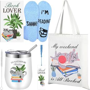 6 Pcs Book Lovers Gifts Set, Graduation Gifts for Book Lovers, Include 15oz Stainless Steel Wine Tumbler Novelty Socks Bookmark Tote Bag Cosmetic Bag and Page Holder Ideal Gifts for Book Lovers Reader
