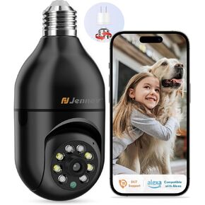 Jennov 5MP Light Bulb Security Camera Wireless Outdoor IP66 Waterproof - 5Ghz&2.4Ghz Indoor Cameras for Home Security, 360° Lightbulb Socket Camera, Color Night Vision, Motion Detect, Auto Tracking