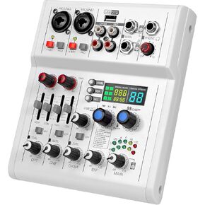 4 Channel Audio Mixer, Professional with Dual Wireless Microphone, Sound Board Console System Interface DJ Mixer Bluetooth USB MP3 Computer Input 48V Phantom Power, Suitable for DJ Karaoke Guitar