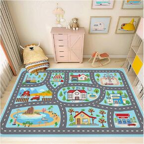 Kids Rug Car Rugs Play Mat Carpet for Kids Toy Cars for Playroom Classroom Kids Room, Educational Area Rugs with Non-Slip Road Traffic Floor Rug Mats, Ideal Gift for Nursery Children Boy Girl