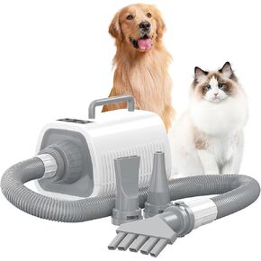 Dog Blow Dryer Quick-Drying, Ionic Dog Hair Dryer Blower with Heater, High Velocity Dog Dryer for Pet Grooming, Cat Dryer, 9 Heat & Speed Settings, 3 Nozzles - Grey