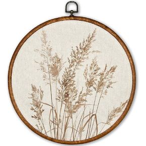 TLESKE Beige Rustic Fall Botanical Round Wall Art Decor, Boho Autumn Wildflower Floral Framed Canvas Prints Wall Art Artwork, Neutral Vintage Wall Hanging Door Decor Decorations for Farmhouse Bedroom Living Room 10x10in