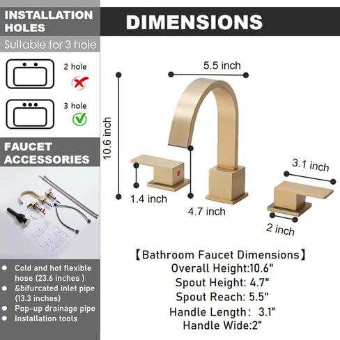 3 Hole Bathroom Faucet Brushed Nickel, 8 inch 2 Handle Waterfall Widespread Bathroom Sink Faucet, Modern Vanity Faucet for Bathroom Sink with Pop-up Drain in Saudi Arabia