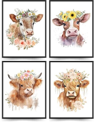 ETVISO Highland Cow Wall Art, Western Cow Summer Spring Floral Watercolor Wall Art Prints,Nursery,Classroom Baby Wall Decorations For Nursery Farmhouse Posters Picture,8x10 Inch Set Of 4 Unframed in Saudi Arabia