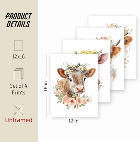 ETVISO Highland Cow Wall Art, Western Cow Summer Spring Floral Watercolor Wall Art Prints,Nursery,Classroom Baby Wall Decorations For Nursery Farmhouse Posters Picture,8x10 Inch Set Of 4 Unframed in Saudi Arabia