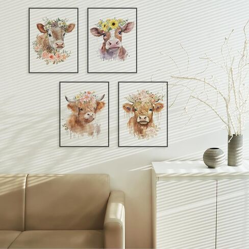 ETVISO Highland Cow Wall Art, Western Cow Summer Spring Floral Watercolor Wall Art Prints,Nursery,Classroom Baby Wall Decorations For Nursery Farmhouse Posters Picture,8x10 Inch Set Of 4 Unframed in Saudi Arabia