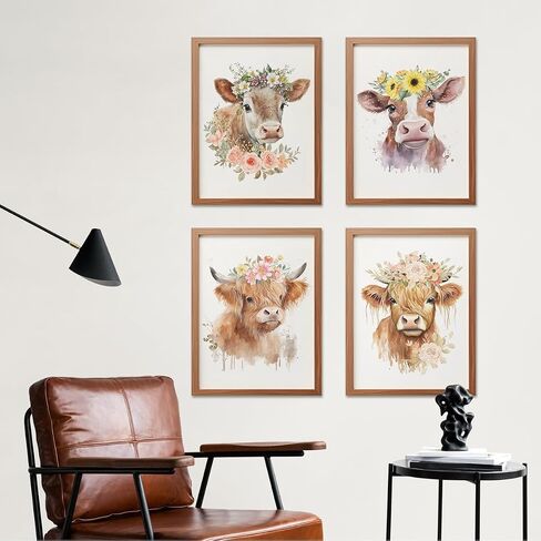 ETVISO Highland Cow Wall Art, Western Cow Summer Spring Floral Watercolor Wall Art Prints,Nursery,Classroom Baby Wall Decorations For Nursery Farmhouse Posters Picture,8x10 Inch Set Of 4 Unframed in Saudi Arabia
