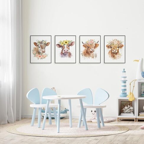 ETVISO Highland Cow Wall Art, Western Cow Summer Spring Floral Watercolor Wall Art Prints,Nursery,Classroom Baby Wall Decorations For Nursery Farmhouse Posters Picture,8x10 Inch Set Of 4 Unframed in Saudi Arabia