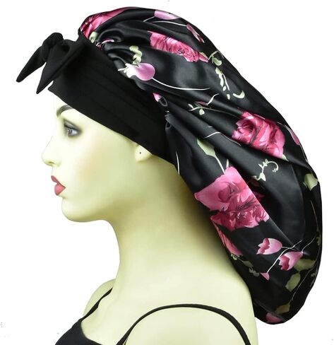 Satin Bonnets for Braids Silk Bonnet for Long Hair Covers Women XL Hair Bonnets Sleeping Silk Night Caps Large Sleep Caps Black Rose in Saudi Arabia