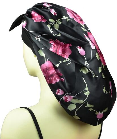 Satin Bonnets for Braids Silk Bonnet for Long Hair Covers Women XL Hair Bonnets Sleeping Silk Night Caps Large Sleep Caps Black Rose in Saudi Arabia