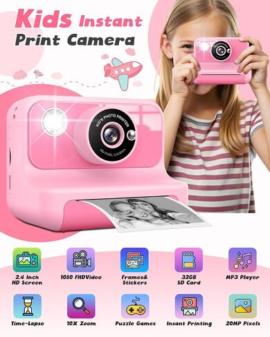 Kids Camera Instant Print, 2.4 Inch Screen Instant Cameras for Kids, Christmas Birthday Gifts Toys Camera for Toddler Girls Boys Age 3-12-Purple in Saudi Arabia