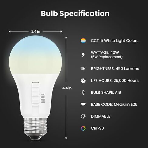 لمبة إضاءة LED A19 كهربائية من Feit، ما يعادل 75 وات، قابلة للتعتيم، يمكن اختيار اللون في 6 اتجاهات، قاعدة متوسطة E26، 90 CRI، 1100 لومن، لمبة قياسية مصنفة رطبة، عمر 22 عامًا، OM75DM/6WYCA/2، عبوتان in Saudi Arabia