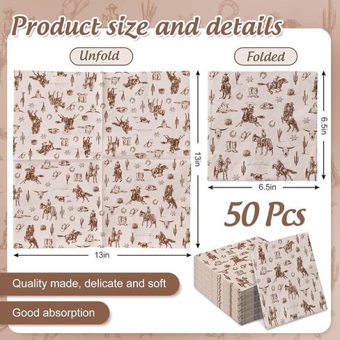 Western Cowboy Paper Napkin Wild West Rodeo Disposable Luncheon Napkins Tropical Dessert Dinner Hand Napkin for Birthday Baby Shower, 50Pcs in Saudi Arabia