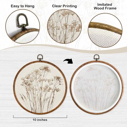 TLESKE Beige Rustic Fall Botanical Round Wall Art Decor, Boho Autumn Wildflower Floral Framed Canvas Prints Wall Art Artwork, Neutral Vintage Wall Hanging Door Decor Decorations for Farmhouse Bedroom Living Room 10x10in in Kuwait