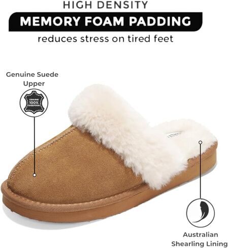 Project Cloud Genuine Leather Fur-Lined Non-Slip Clog Slippers for Women | Memory Foam Insole Indoor Outdoor Mule Shoes - Comfortable House Footwear Womens Slippers - Fur-Lined Cold Weather Essentials in Saudi Arabia