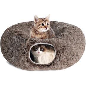 KOMUSMO Cat Tunnel Bed with Central Mat and Hanging Ball Toy, Large Cat Cave Donut for Indoor Cats, Soft Plush Fluffy Peekaboo Cat Bed Cave Playground Collapsible for Small Medium Large Cats Kittens