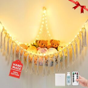 Stuffed Animal Hammock with 75LEDs, Extra Large 55in Storage Macrame Hammock, Hanging Net for Kids Bedroom Doll Room Corner Organizer, USB Plush Animal Hammock with Remote (Gray, XL)