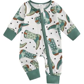 Gueuusu Country Baby Clothes Boy Girl Western Highland Cow Print Long Sleeve Romper Zipper One Piece Jumpsuit Fall Outfit