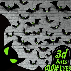 Halloween Decorations Indoor - Bats Wall Decor Halloween Decorations Halloween Party Decorations Halloween Decor 3D Bats for Home Room Bathroom Wall Outdoor 124 Pcs Glow Eyes Bats