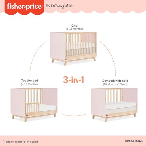 سرير أطفال قابل للتحويل 3 في 1 من Dream On Me Fisher Price Siesta، بلون بلوط وردي عتيق in Kuwait