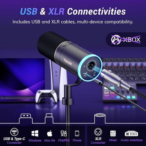 TONOR XLR/USB Gaming Microphone Kit, RGB Dynamic PC Mic for Streaming Podcasting with Low Profile Boom Arm, Metal Recording Mic with Gain Control, Mute, Monitoring for Mac Android Tablet PS4/5 TD520S+ in Kuwait