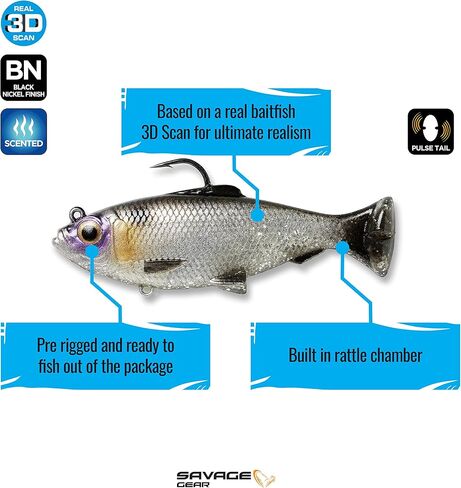 Savage Gear Pulse Tail Baitfish RTF Fishing Bait, 3/8 oz, White, Realistic Contours & Movement, Durable Construction, Heavy-Duty Fishing Hook, Built-in Rattle in Saudi Arabia