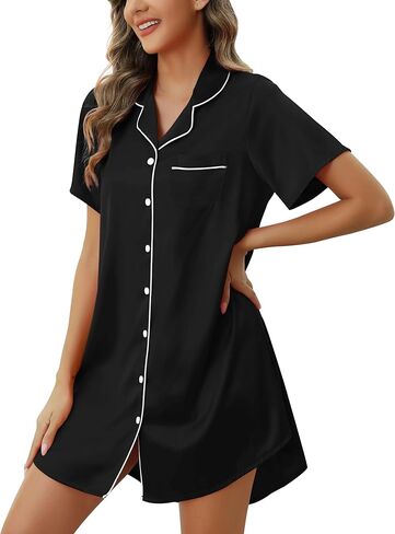 قميص نوم حريمي من الساتان بأكمام قصيرة وأزرار سفلية من Samring، قميص نوم حريري للنساء in Kuwait