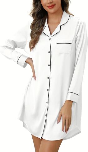 Samring Women's Satin Nightshirt Short Sleeve Button Down Sleepshirt Silk Pajamas Nightgown for Women in Saudi Arabia