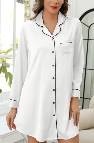 Samring Women's Satin Nightshirt Short Sleeve Button Down Sleepshirt Silk Pajamas Nightgown for Women in Saudi Arabia