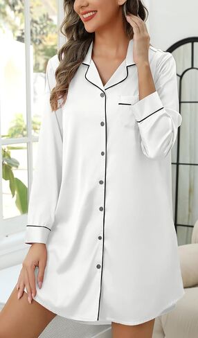 Samring Women's Satin Nightshirt Short Sleeve Button Down Sleepshirt Silk Pajamas Nightgown for Women in Saudi Arabia