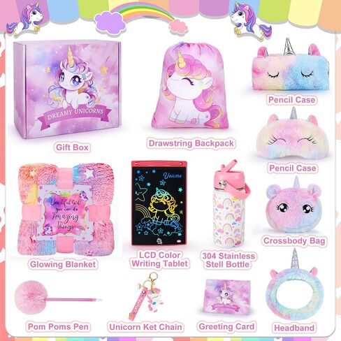 Unicorn Toys for Girls Kids Toys 5 6 7 8 9 10+ Years Old, Kids Unicorn Gifts with Glowing Blanket/ Water Bottle/ Eye Mask/Headband/Crossbody Bag/Sunglass/12PCS Birthday Gift Toys for Girls 6-10+ in Saudi Arabia
