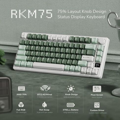 لوحة مفاتيح ميكانيكية لاسلكية RK ROYAL KLUDGE M75 مع شاشة OLED ومقبض 2.4 جيجا هرتز/BT5.1/لوحة مفاتيح سلكية للألعاب 75% غطاء مفاتيح PBT مطبوع على الجانب 81 مفتاحًا، مفتاح سحابي قابل للتبديل بإضاءة خلفية RGB in Saudi Arabia