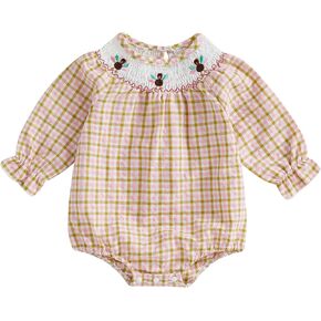 Gueuusu Newborn Baby Girl Thanksgiving Outfit Turkey Long Sleeve Bubble Romper Smocked Bodysuit with Headband Set