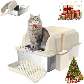 Stainless Steel Litter Box with Lid, SUS304 Metal Cat Litter Box, Enclosed Extra Large Kitty Litter Box High Wall, Jumbo Cat Litter Box with Triple Pedal, Non-Sticky, Anti-Leakage (XXL White)