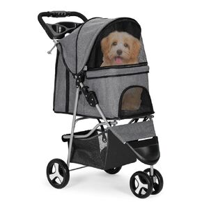 MoNiBloom Foldable Pet Stroller with Waterproof Cover, 3-Wheels Dog Strolling Cart for Small/Medium Dogs and Cats with Storage Basket and Cup Holder, Breathable and Visible Mesh for All-Season, Yellow