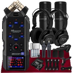 Zoom H6essential Portable Studio Recorder, H6E 32-Bit Float, 6-Track Recorder, 4XLR/TRS - 64GB SD, Tripod, Podcast Mic Pack, Rechargeable Batt, USB Cable & More-Musician Podcaster Filmmaker